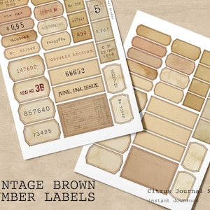 Junk Journal Kit, Number Tags, Blank Tags, Vintage Ephemera, Embellishments, Printable Tags, Digital Kit, Number Labels, Vintage Labels