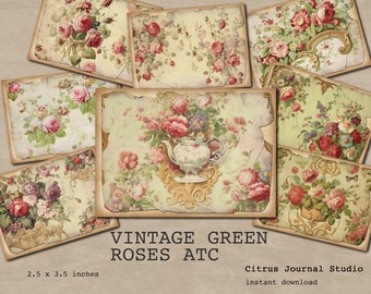 Vintage Green, Roses ATC, Shabby Chic Roses, Digital Kit, Ephemera, Victorian, Journal Card, Junk Journal, Green Ephemera, Journal Insert