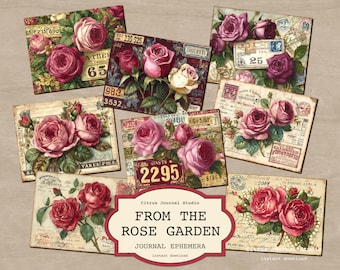 Vintage Roses Junk Journal Ephemera Postcards, Romantic Floral Printable Scrapbooking