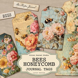 Étiquettes de journal abeilles, étiquettes abeilles, insert de journal en nid d'abeille, fleurs vintage, étiquettes florales, étiquettes de journal indésirable, étiquettes de printemps, étiquettes d'apiculteur