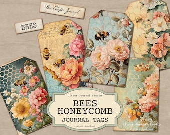 Bees Journal Tags, Honeybees Tags, Honeycomb Journal Insert, Vintage Flowers, Floral Tags, Junk Journal Tags, Spring Tags, Bee Keeper Tags