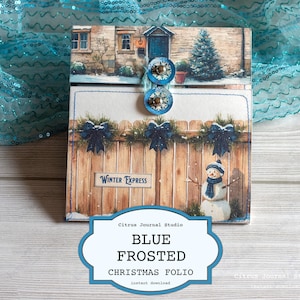 ブルークリスマスジャンクジャーナルフォリオ、スノーマンタグ、冬のホリデーエフェメラ、印刷可能なポケット