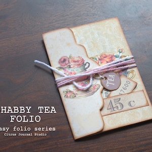 Folio de té, Shabby Chic, Kit de diario basura, Folio plegable, Etiquetas de diario, Efímera, Kit digital, Pila de tazas, Pájaro en taza de té, Folio floral