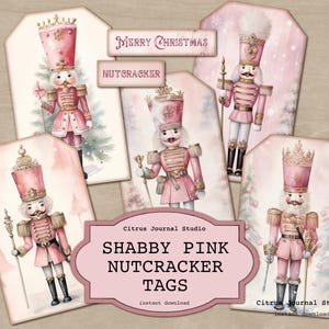 Shabby Pink Nutcracker Tags, Pink Christmas Tags, Shabby Holiday Tags, Pink Holiday Tags, Nutcracker Ephemera, Shabby Christmas Ephemera