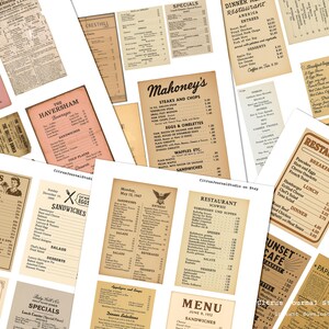 Peut inclure: Plusieurs menus de restaurant de style vintage, avec des designs et des mises en page vari&eacute;s. Les menus pr&eacute;sentent des textes tels que &laquo; D&icirc;ner &raquo;, &laquo; Petit-d&eacute;jeuner &raquo; et &laquo; Sp&eacute;cialit&eacute;s &raquo;, avec des prix. La palette de couleurs comprend des tons beiges, roses et bruns.