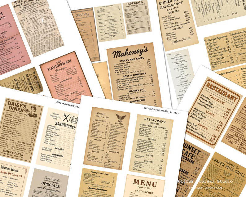 Peut inclure: Plusieurs menus de restaurant de style vintage, avec des designs et des mises en page vari&eacute;s. Les menus pr&eacute;sentent des textes tels que &laquo; D&icirc;ner &raquo;, &laquo; Petit-d&eacute;jeuner &raquo; et &laquo; Sp&eacute;cialit&eacute;s &raquo;, avec des prix. La palette de couleurs comprend des tons beiges, roses et bruns.