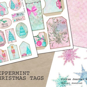 Peppermint Christmas, Christmas Junk Journal, Digital Kit, Christmas Ephemera, Pink Christmas, Tags, Holiday, Winter, Loaded Journal Tags