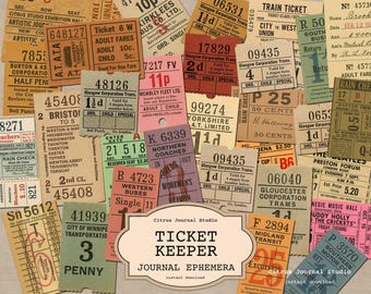 Biglietti d'epoca, biglietti da stampare su un diario spazzatura, biglietti di viaggio digitali, inserti per diari retrò, collage di biglietti
