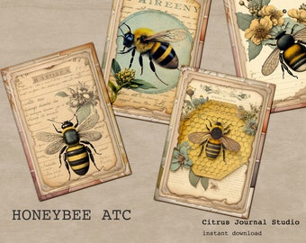 Honey Bee ATC, Vintage Ephemera, Junk Journal Tags, Busy Bee, Bumble Bee, Bee Label, Bees Ephemera, Beekeeper Tag, Honeycomb, Journal Insert