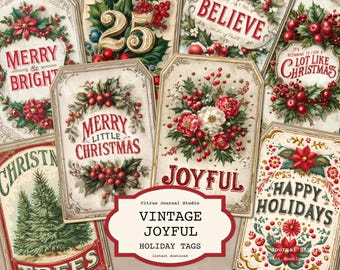Pode incluir: Uma coleção de etiquetas de Natal vintage com designs festivos. Cada etiqueta apresenta saudações de feriados como "Feliz e Brilhante", "Alegre" e "Boas Festas", juntamente com ilustrações florais e de bagas. As etiquetas são de várias formas e tamanhos.