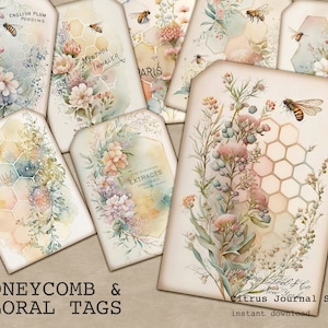 Étiquettes d'abeille de miel, éphémères en nid d'abeille, étiquettes de journal indésirable, éphémères vintage, étiquettes numériques, étiquettes florales, fleurs de printemps, étiquette vintage, étiquette de journal