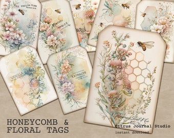Honey Bee Tags, Honeycomb Junk Journal Tags, Vintage Ephemera