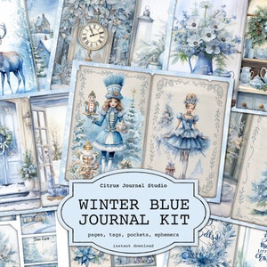 Journal de Noël indésirable, journal bleu d'hiver, arbre de Noël, journalisation de indésirable d'hiver, cerfs éphémères, étiquettes de poche, étiquettes chargées, journal bleu