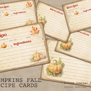 Cartão de receita de abóboras, kit digital, cartão de outono, cartão de ação de graças, cartão vintage, cartão de receita digital, modelo de cartão de receita Fall Junk Journal