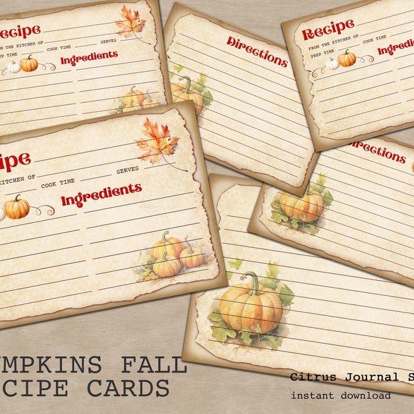 Pumpkins Recipe Card, Digital Kit, Autumn Card, Thanksgiving Card, Vintage Card, Digital Recipe Card, Recipe Card Template Fall Junk Journal