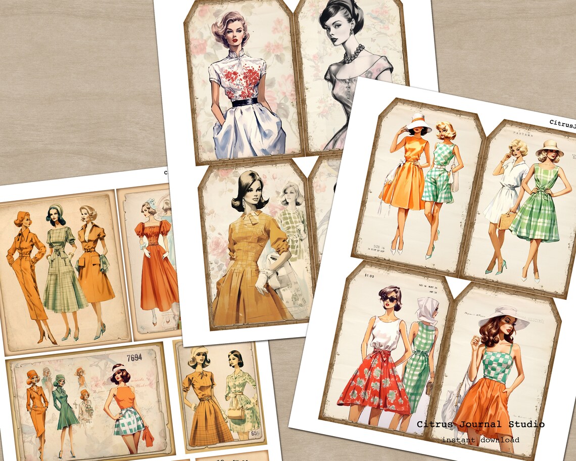 Vintage Fashion Tags, Sewing Tags, Fashion Illustration, 70s Fashion ...