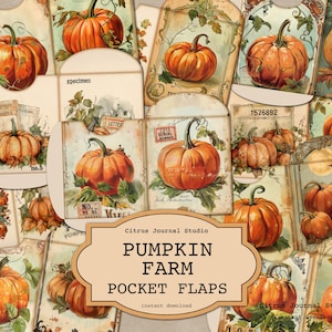 Pochette citrouille, pochettes pour carnet d'automne, rabats de poche, ferme de citrouilles vintage, champ de citrouilles, journal indésirable, marché aux citrouilles, carnet du marché d'automne