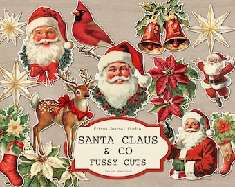 May include: A digital paper pack with a Christmas theme featuring Santa Claus, a reindeer, a cardinal, poinsettias, stars, bells, and a title that reads "Santa Claus & Co. Fussy Cuts".