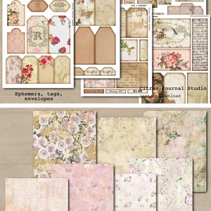 May include: A digital collage kit featuring vintage ephemera, tags, envelopes, and background papers with a floral theme. The kit includes images of roses, butterflies, and text in a vintage style. The text includes the words "The Story of the Rose", "Ephemera & Tags", "Envelopes & Ephemera", "Citrus Journal Studio", "Instant Download", "No 9823", "September 1958", "Numbers 45", and "$1.00".