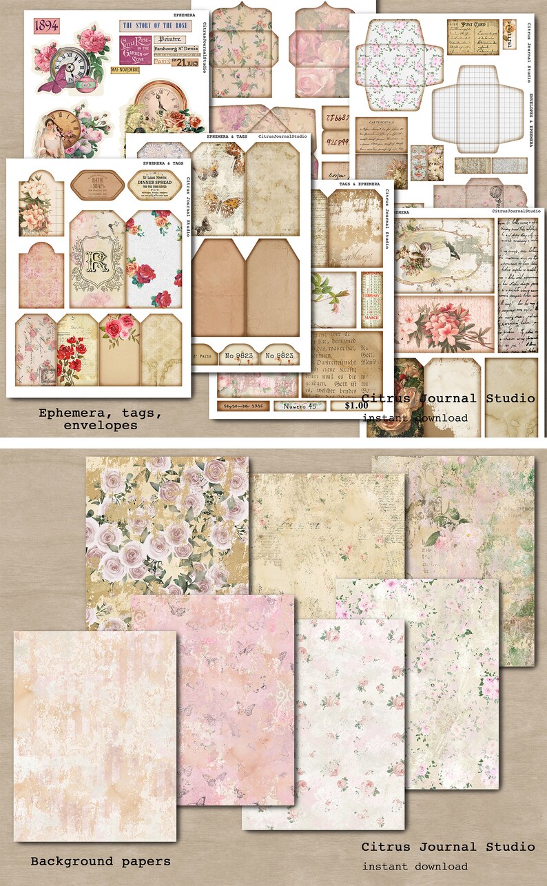 May include: A digital collage kit featuring vintage ephemera, tags, envelopes, and background papers with a floral theme. The kit includes images of roses, butterflies, and text in a vintage style. The text includes the words "The Story of the Rose", "Ephemera & Tags", "Envelopes & Ephemera", "Citrus Journal Studio", "Instant Download", "No 9823", "September 1958", "Numbers 45", and "$1.00".