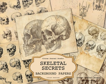 Halloween Background, Skull Junk Journal, Vintage Journal, Vintage Anatomy, Halloween Printable, Vintage Halloween Papers, Vintage Skull