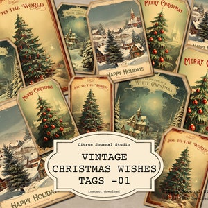 Kerstlabels, Vintage Kerstmis, Fijne Feestdagen, Vreugde aan de Wereld, Vrolijk Kerstfeest, Kerstwensen, Kerstboomlabels, Journal Tags