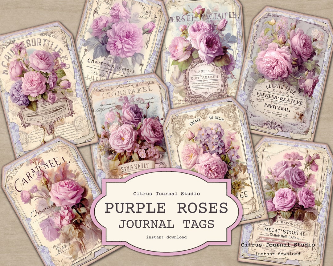 Shabby Roses Tags, Shabby Chic Tags, Purple Roses, Junk Journal Tags ...