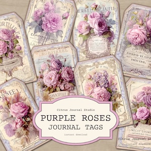 Etichette con rose shabby, etichette shabby chic, rose viola, etichette per diario spazzatura, etichette vintage, etichette floreali, etichette digitali, rose vintage, oggetti effimeri viola
