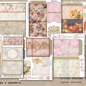 May include: A digital download of printable ephemera and flaps for scrapbooking and paper crafting. The ephemera features a pink and white floral design with a vintage aesthetic. The flaps are designed to be used for creating envelopes, pockets, and other paper crafts.