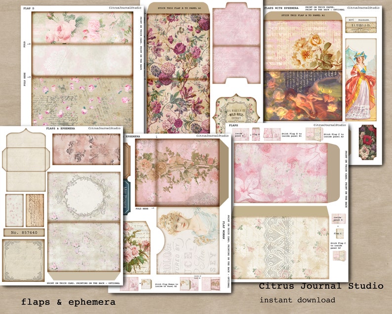 May include: A digital download of printable ephemera and flaps for scrapbooking and paper crafting. The ephemera features a pink and white floral design with a vintage aesthetic. The flaps are designed to be used for creating envelopes, pockets, and other paper crafts.