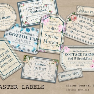 May include: A set of 10 printable Easter labels featuring vintage-style designs with floral accents. The labels include text such as "Egg Hunt", "Carrot Patch", "Cottontail Bakery", "Spring Market", "Farm Fresh Spring Market", "Old Fashioned Cottage Farms Bed & Breakfast", and "Bunny Hop".