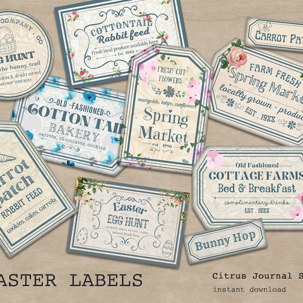 Easter Labels, Carrot Patch, Bunny Trail, Easter Junk Journal, French Rabbit, Spring Market, Junk Journal Tags, Easter Tag, Holiday Label