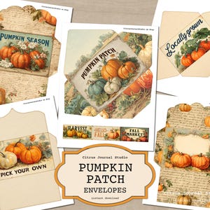 May include: A collection of vintage-style paper envelopes with pumpkin-themed designs. The envelopes feature illustrations of pumpkins, fall foliage, and text such as "Pumpkin Season," "Pick Your Own," and "Locally Grown." The color palette includes orange, green, and beige.