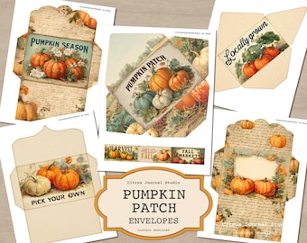 Pumpkin Patch Envelopes, Vintage Fall Market Printable Ephemera, Autumn Envelopes, Hello Fall Tickets,  Pumpkin Season Junk Journal
