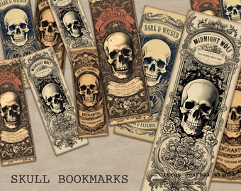 May include: A collection of skull-themed bookmarks with vintage designs. Each bookmark features a detailed skull illustration, accompanied by gothic-style text and decorative borders. The bookmarks have a distressed, aged appearance, with titles like "Midnight Wolf" and "Dark & Wicked".