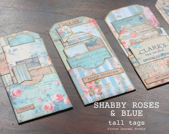 Junk Journal, Loaded Tags, Junk Journal Kit, Journal Tags, Vintage Ephemera, Shabby Blue, Shabby Roses, Chic Vintage Pink Roses, Digital Kit