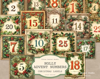 May include: A collection of vintage-style Christmas labels with numbers 1-25. Each label features a number in red or blue, surrounded by holly and berries. The labels are in various square and rectangular shapes, with a distressed, aged appearance. Text on the image reads "HOLLY ADVENT NUMBERS CHRISTMAS LABELS".