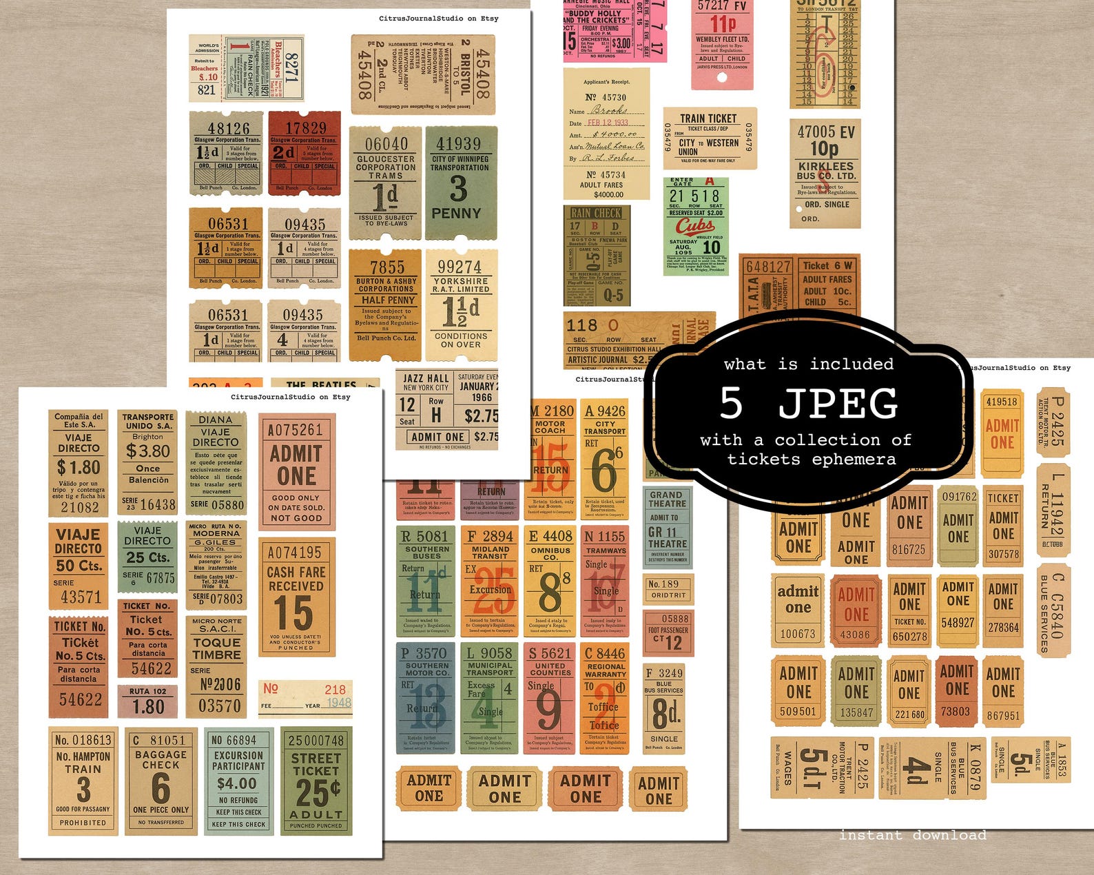 Image Many Tickets Vintage Ticket Stub Ephemera, Printable Junk Journal Tickets, Digital ...