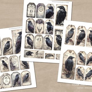 May include: Digital collage sheets with printable tags, each featuring a raven illustration and a number. The tags have a vintage aesthetic, with a colour palette of grey, brown, and purple. The text "CitrusJournalStudio on Etsy" is visible.