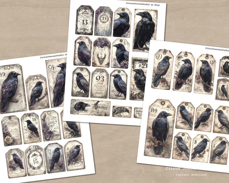 May include: Digital collage sheets with printable tags, each featuring a raven illustration and a number. The tags have a vintage aesthetic, with a colour palette of grey, brown, and purple. The text "CitrusJournalStudio on Etsy" is visible.