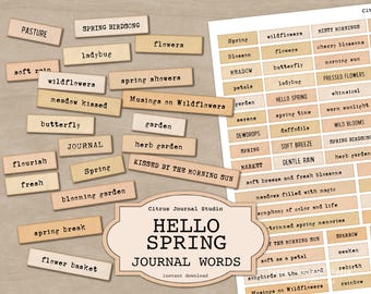 Spring Journal Words, Hello Spring, Spring Time Journal, Words Labels, Spring Ephemera, Quotes for Journal, Junk Journal Quotes, Word Strips