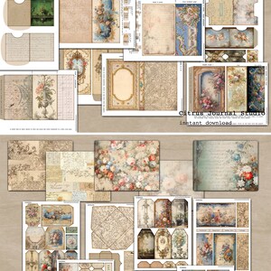 May include: A collection of vintage floral and decorative digital papers, perfect for scrapbooking, card making, and other crafting projects. The papers feature a variety of designs, including floral patterns, ornate frames, and handwritten text.