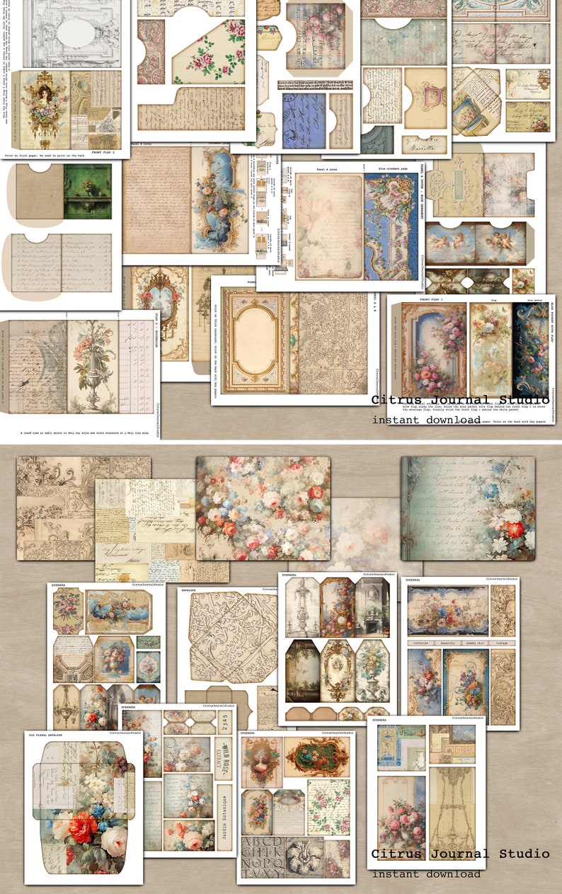 May include: A collection of vintage floral and decorative digital papers, perfect for scrapbooking, card making, and other crafting projects. The papers feature a variety of designs, including floral patterns, ornate frames, and handwritten text.