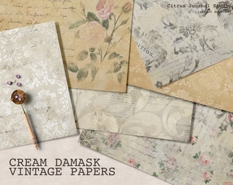 Damask Paper, Junk Journal, Scrapbook Kit, Grunge, Script, Collage Sheet, Decorative Paper, Printable Paper, Vintage Journal, Cream Damask