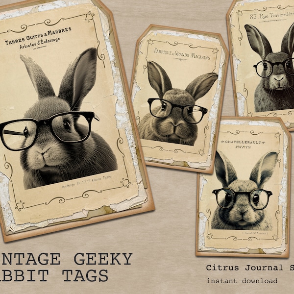 Vintage Rabbits, Easter Tags, Geek Bunny, Cute Bunny, Journal Tags, Vintage Tags, Junk Journal Kit, Ephemera, Digital Kit, French Rabbit Tag