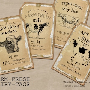 Lait frais de ferme, étiquettes de ferme, étiquettes de journal, étiquettes fraîches de ferme, étiquettes vintage, kit de journal indésirable, éphémères, produits laitiers, kit numérique, étiquettes imprimables
