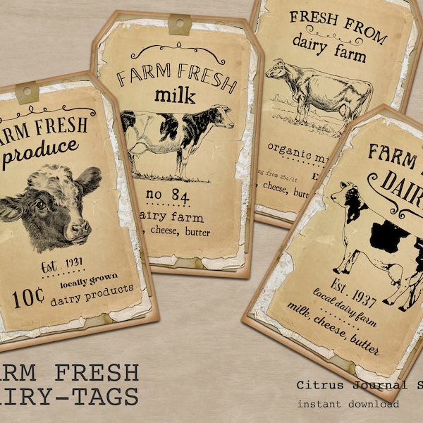 Farm Fresh Milk, Farmhouse Tags, Journal Tags, Farm Fresh Tags, Vintage Tags, Junk Journal Kit, Ephemera, Dairy, Digital Kit, Printable Tags