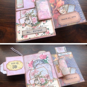 May include: A pink and brown scrapbook with floral embellishments, a clock face, and the text "Hotel de Same No. 857640" and "March 21, 1978".
