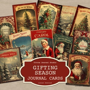 Étiquettes cadeaux de Noël, cartes de journal de Noël, Noël vintage, cartes de journal, courrier du Père Noël, chant de Noël, joyeux Noël, étiquettes de vacances