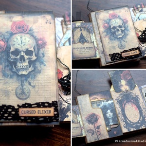 May include: A black and brown scrapbook with a skull and clock face design. The scrapbook has a black lace trim and a tag that says "Cursed Elixir".